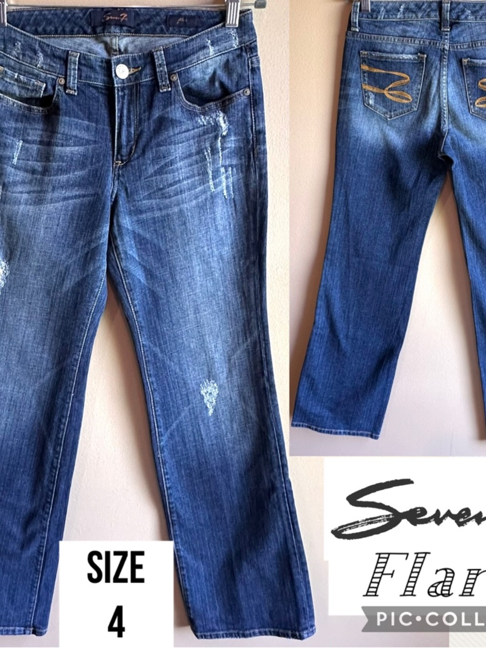 Seven7 Jeans Womens Flare Bootcut Distressed Embroidered Pockets 32” Inseam Sz 4